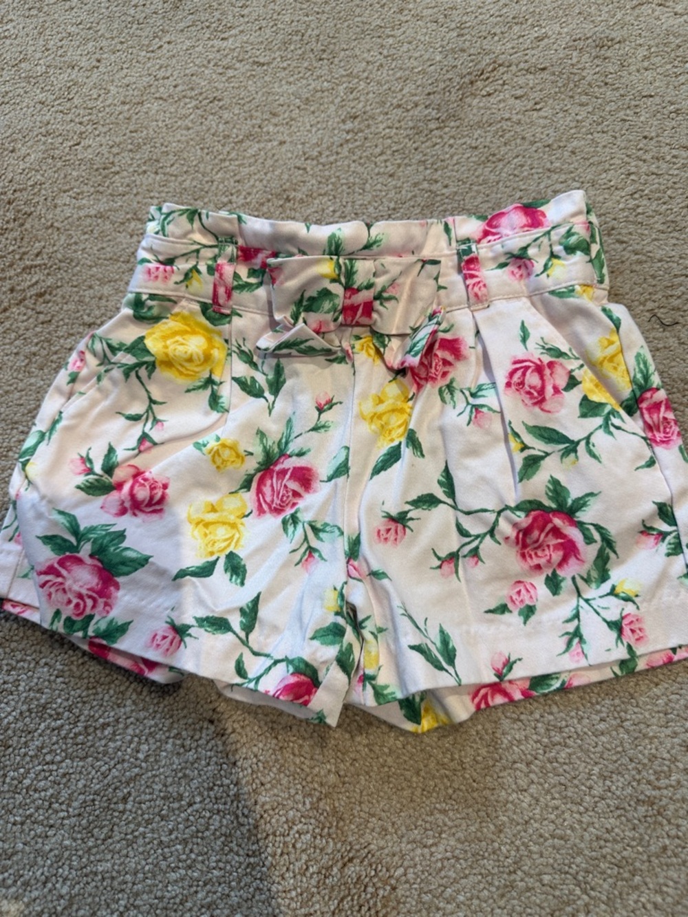 Janie and Jack White High-Waist Floral Paperbag Shorts with Pink & Yellow Roses